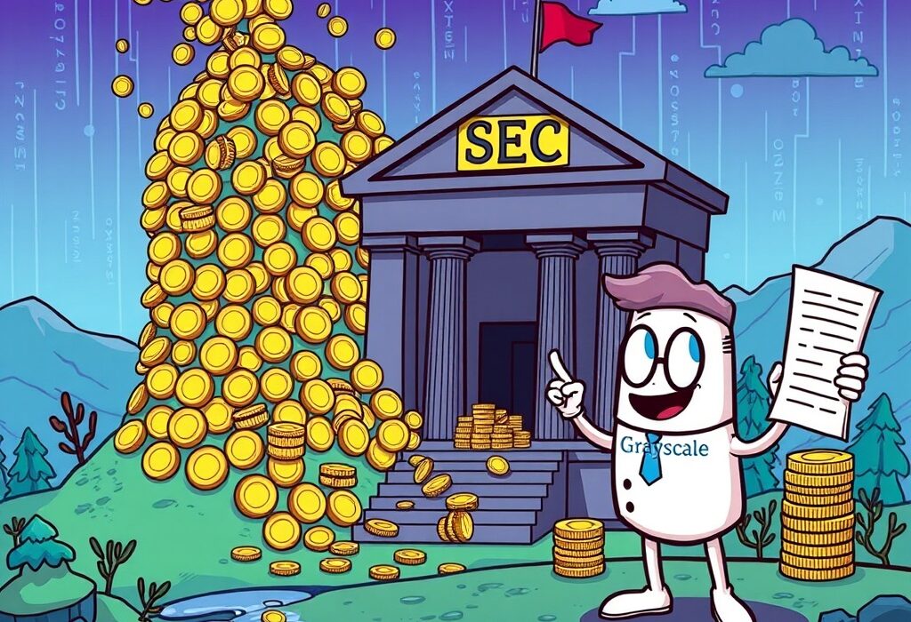 A cartoon illustration depicting Grayscale's crucial Avalanche ETF filing, symbolizing its potential impact on the crypto market.