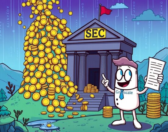 A cartoon illustration depicting Grayscale's crucial Avalanche ETF filing, symbolizing its potential impact on the crypto market.