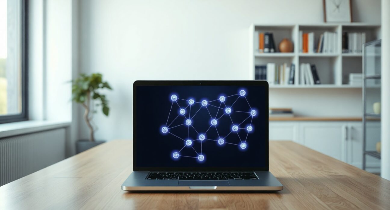 Laptop displaying a blockchain network diagram in an academic research setting