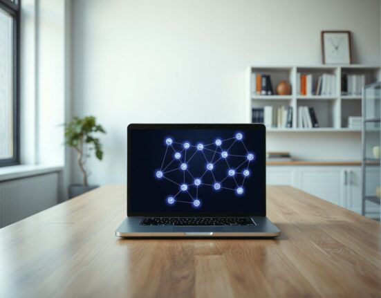 Laptop displaying a blockchain network diagram in an academic research setting