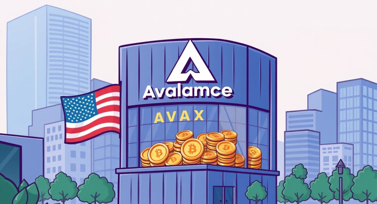 Cartoon illustration of the Avalanche Foundation's strategic move to establish a US firm for secure AVAX token holdings, signaling growth.