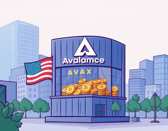 Cartoon illustration of the Avalanche Foundation's strategic move to establish a US firm for secure AVAX token holdings, signaling growth.