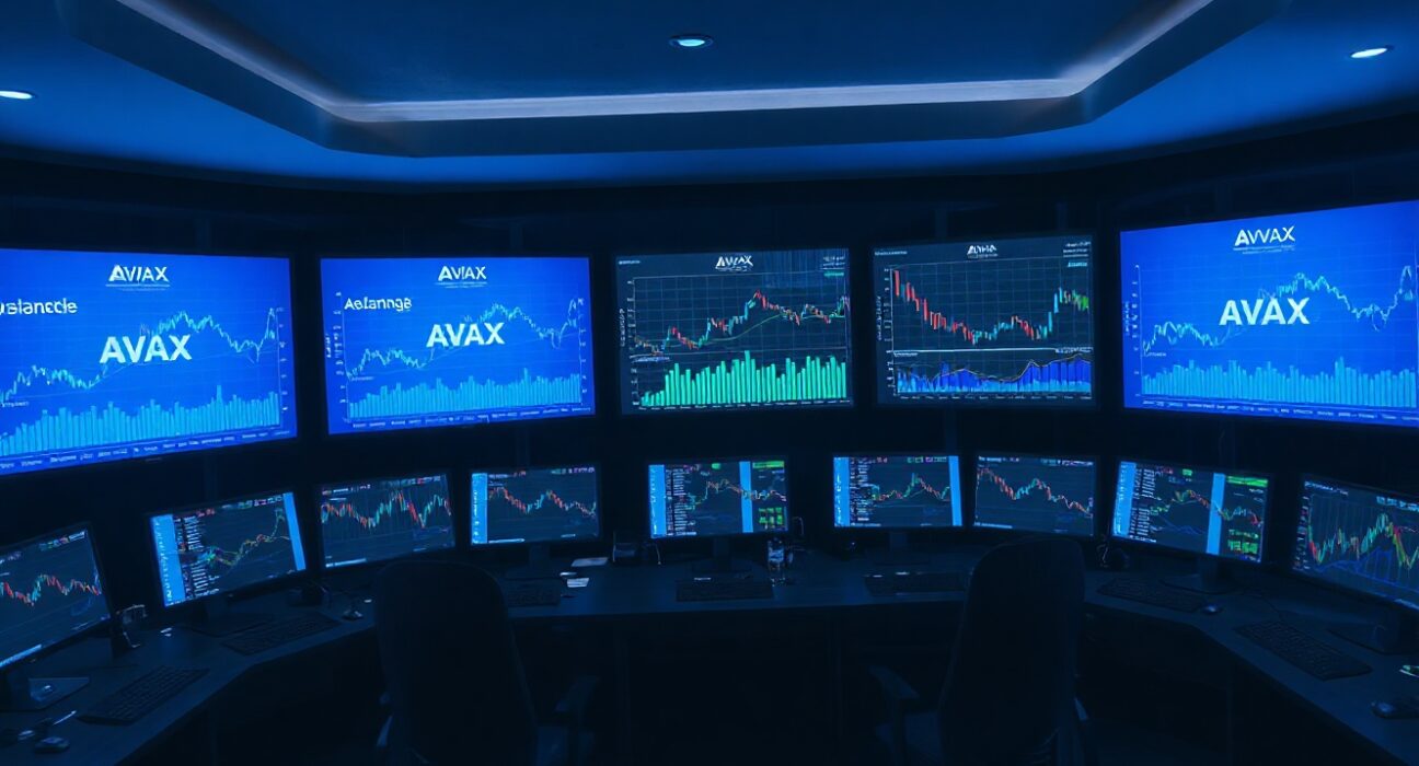 Avalanche One Technology treasury office with monitors showing AVAX staking and price charts