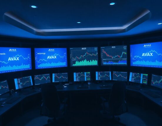 Avalanche One Technology treasury office with monitors showing AVAX staking and price charts