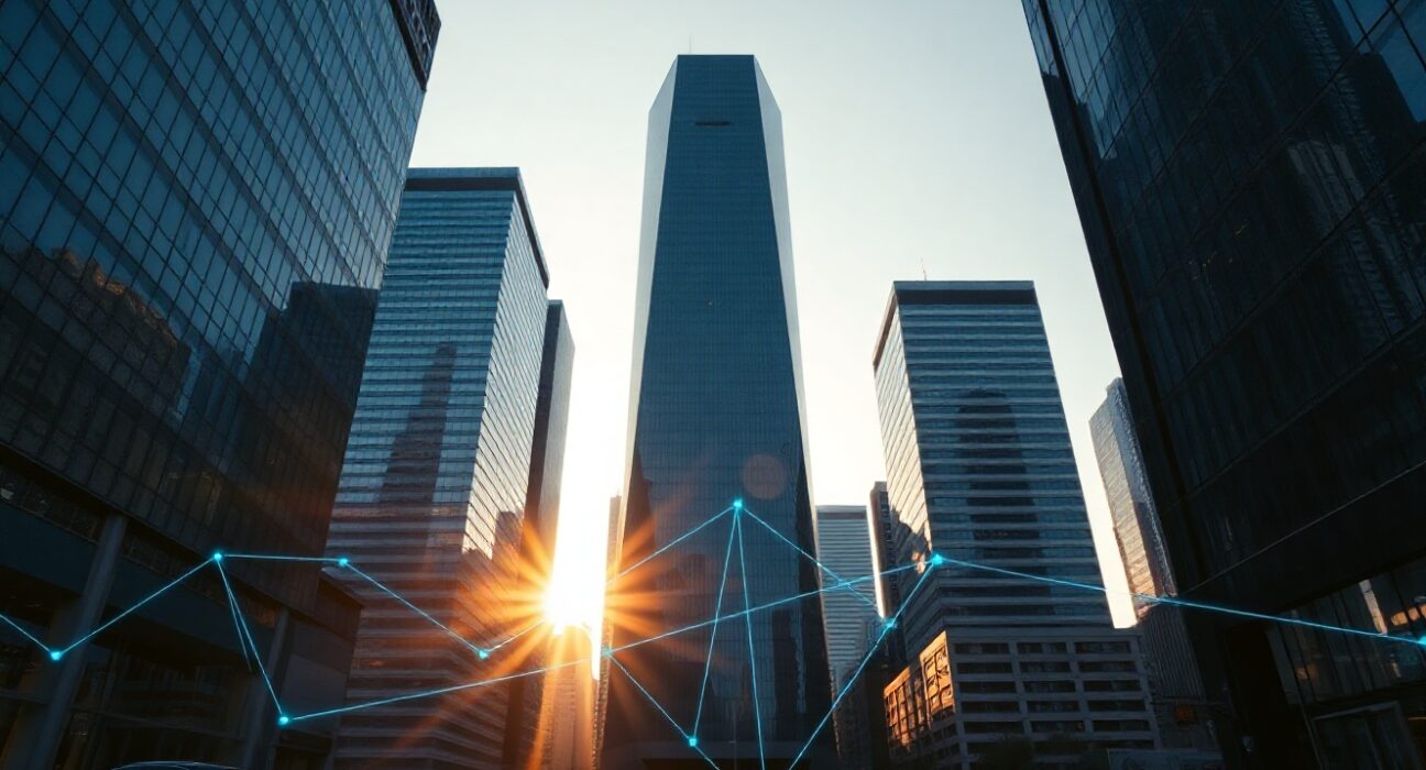 Modern financial district skyline with digital network lines representing blockchain payment infrastructure