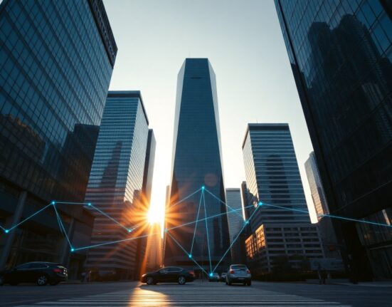 Modern financial district skyline with digital network lines representing blockchain payment infrastructure