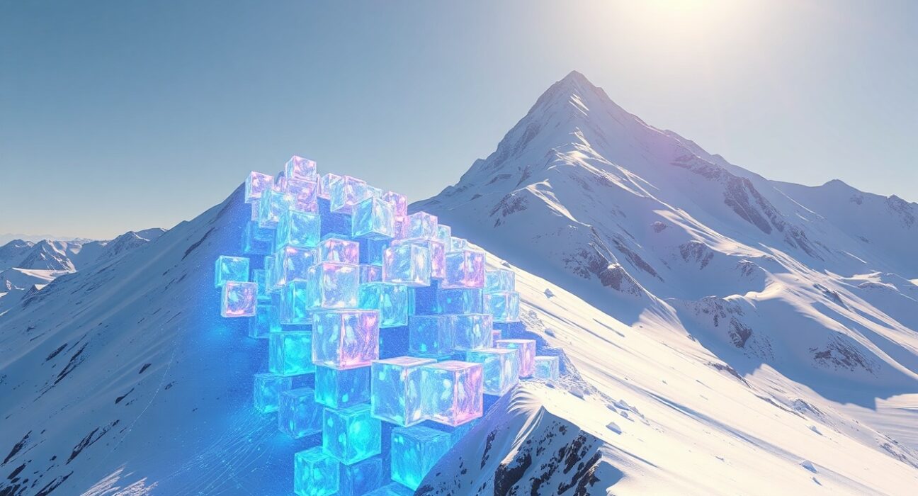 Avalanche AVAX price prediction 2026 2030: digital blocks cascading down a mountain, representing blockchain growth and market potential.