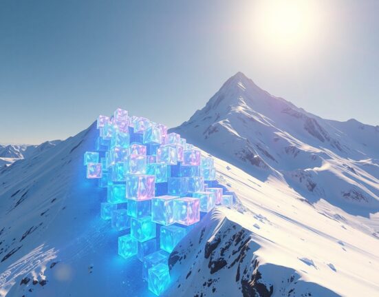 Avalanche AVAX price prediction 2026 2030: digital blocks cascading down a mountain, representing blockchain growth and market potential.