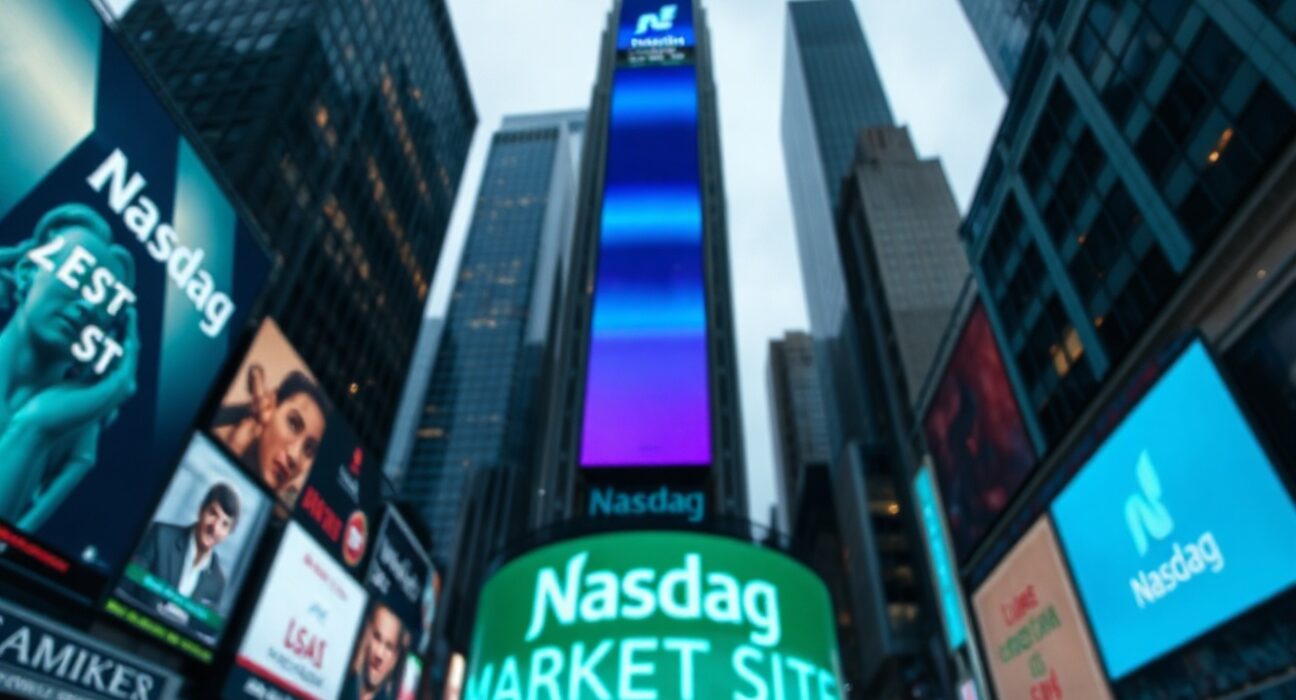 Nasdaq MarketSite building in New York City at dusk with electronic billboard displaying financial data.