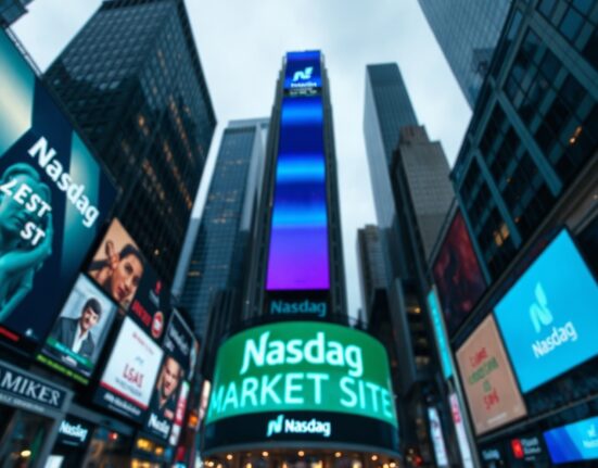 Nasdaq MarketSite building in New York City at dusk with electronic billboard displaying financial data.