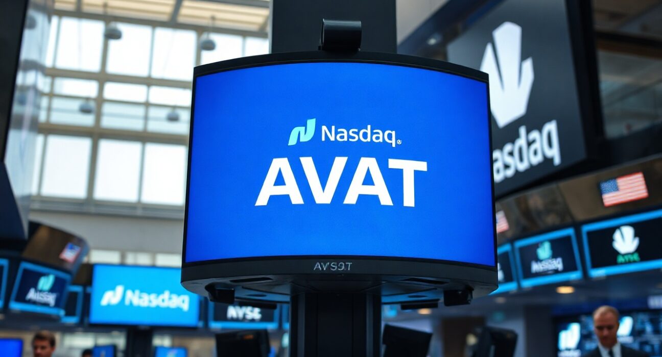 Financial trading floor with digital screens showing AVAT ticker symbol and Nasdaq logo