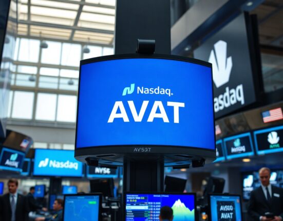 Financial trading floor with digital screens showing AVAT ticker symbol and Nasdaq logo