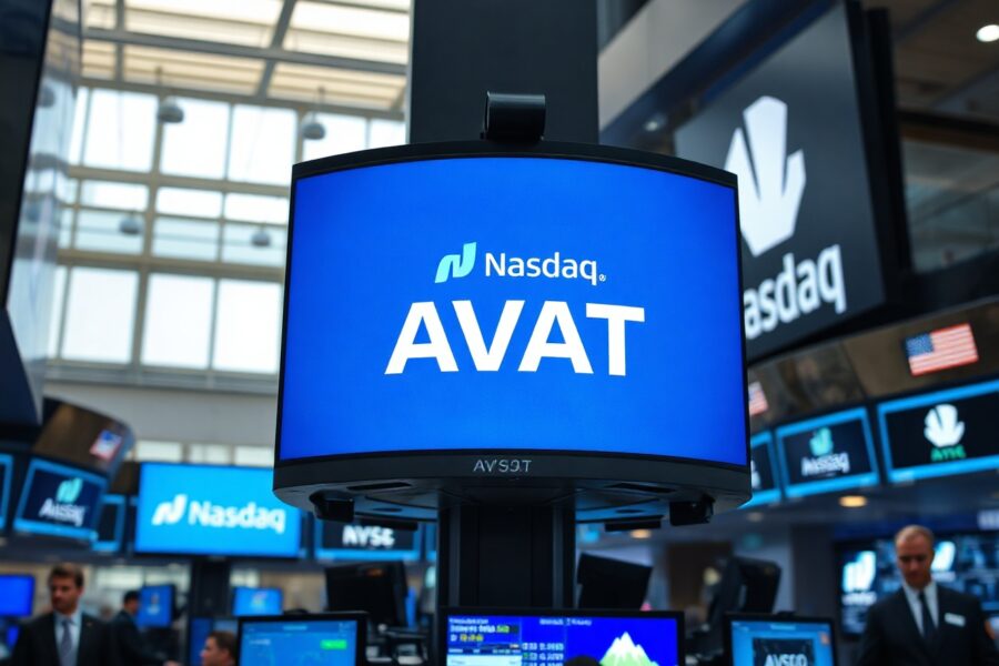 Financial trading floor with digital screens showing AVAT ticker symbol and Nasdaq logo