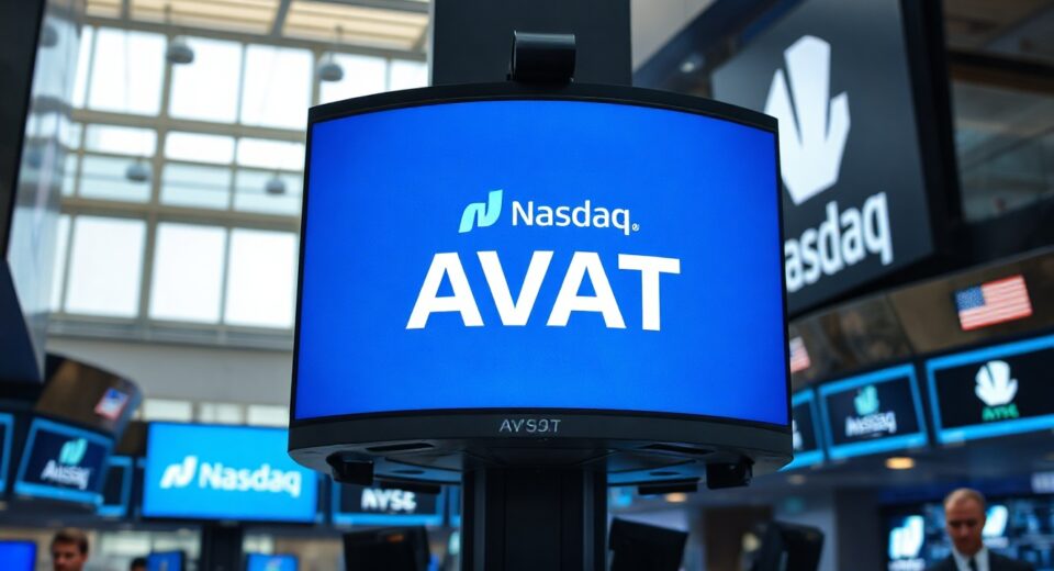 Financial trading floor with digital screens showing AVAT ticker symbol and Nasdaq logo