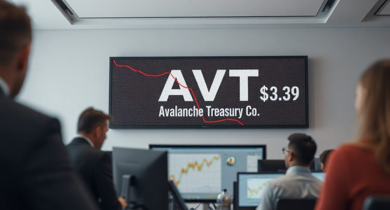 Avalanche Treasury stock ticker showing a steep decline in a professional financial office setting