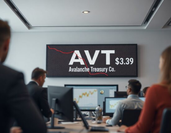 Avalanche Treasury stock ticker showing a steep decline in a professional financial office setting