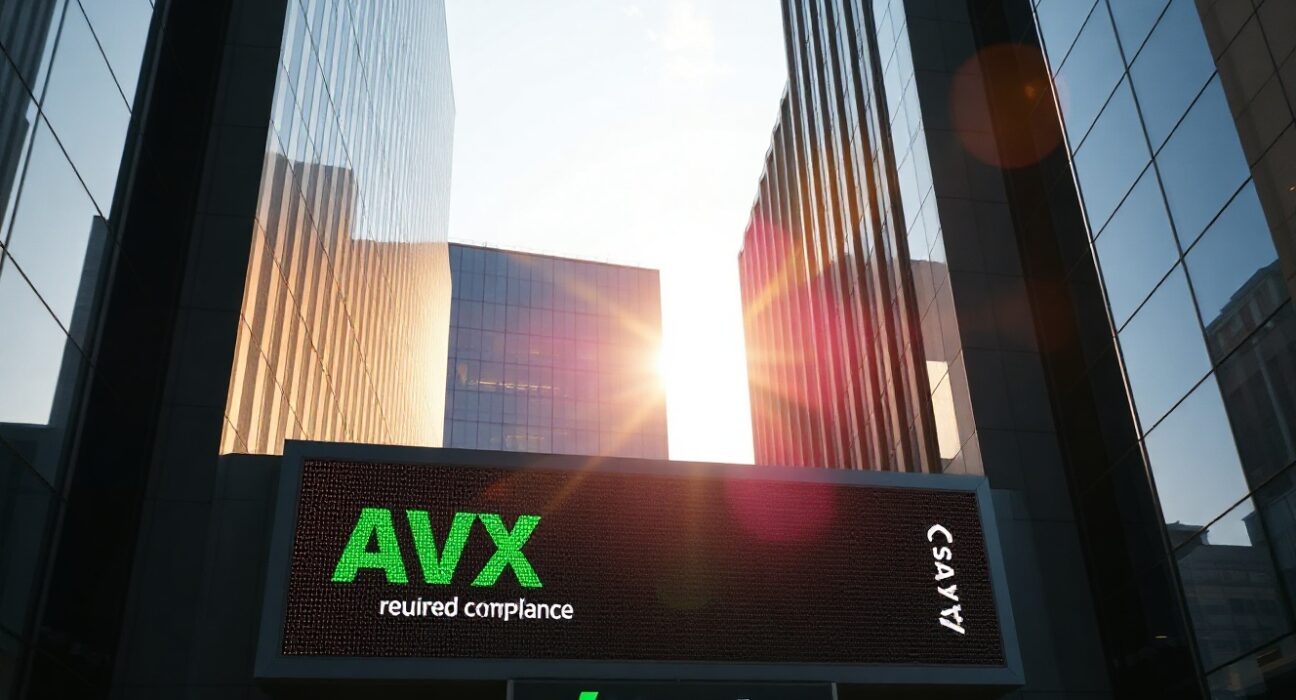 AvalancheOne stock ticker showing green upward trend on Nasdaq exchange building exterior