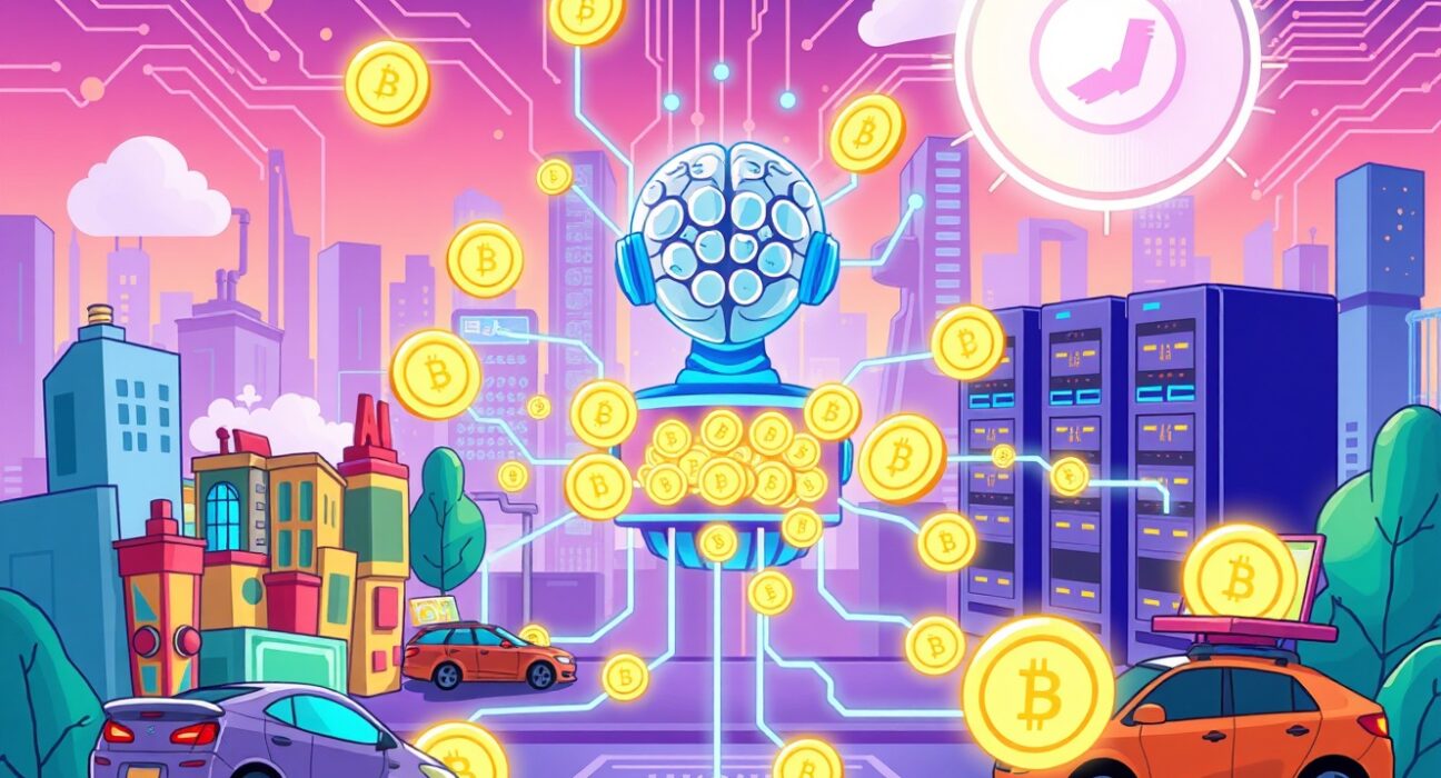 Cartoon illustration of digital tokens representing real-world assets flowing into an AI-powered RWA marketplace, symbolizing innovation in tokenization.