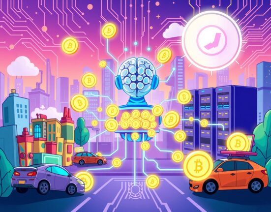 Cartoon illustration of digital tokens representing real-world assets flowing into an AI-powered RWA marketplace, symbolizing innovation in tokenization.