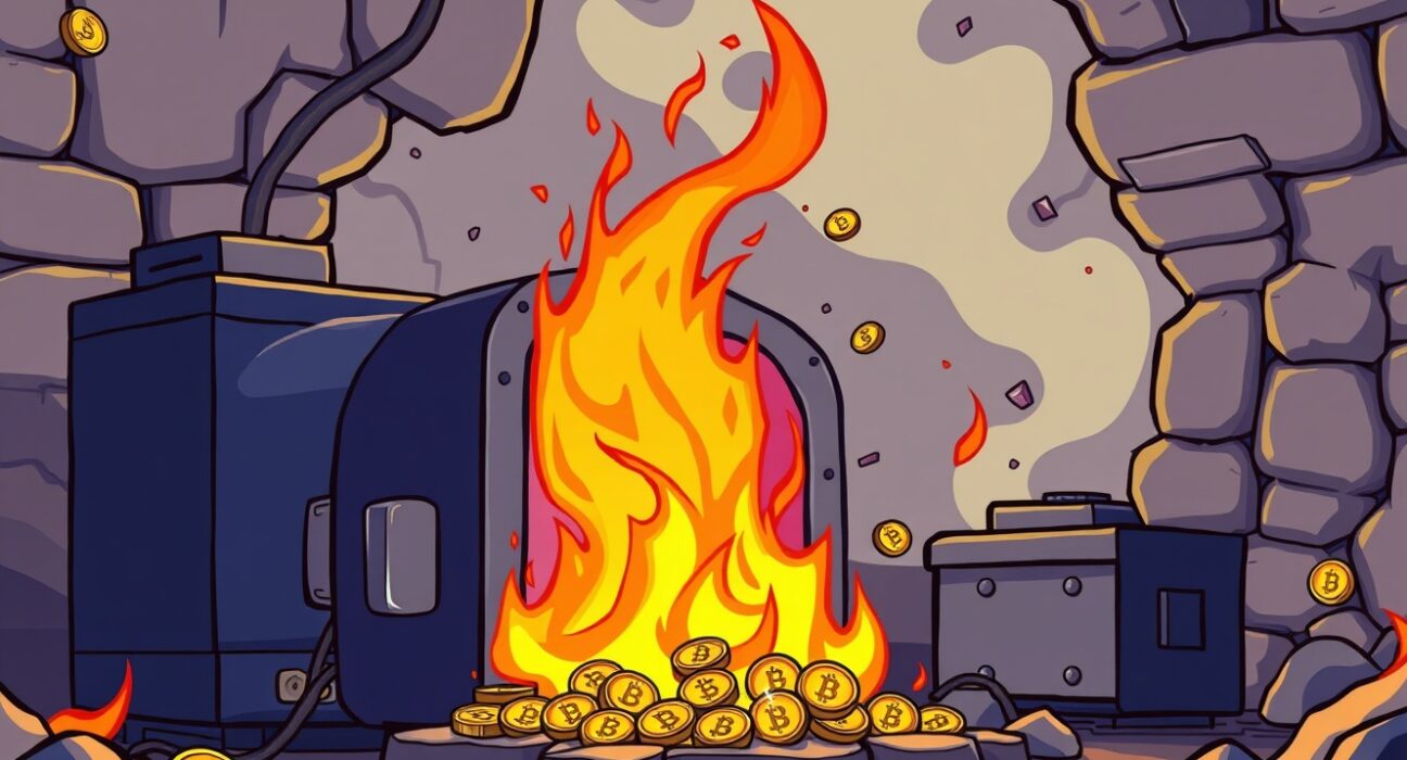 Cartoon illustration of a digital furnace burning AVL tokens, symbolizing the significant Avalon Labs AVL token burn and its potential impact on token value.