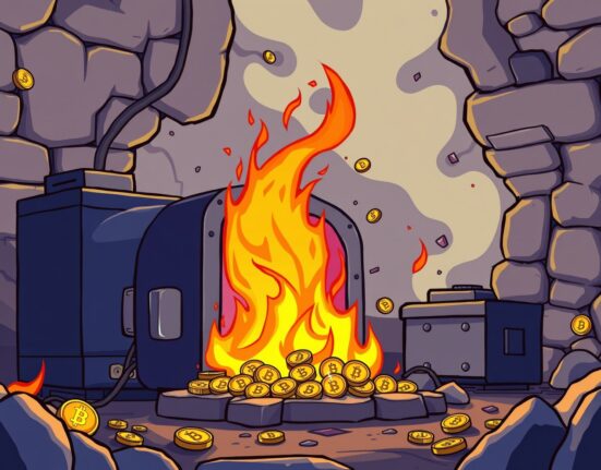 Cartoon illustration of a digital furnace burning AVL tokens, symbolizing the significant Avalon Labs AVL token burn and its potential impact on token value.