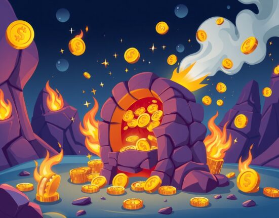 Cartoon illustration showing AVL token burn process with coins disappearing in magical flames
