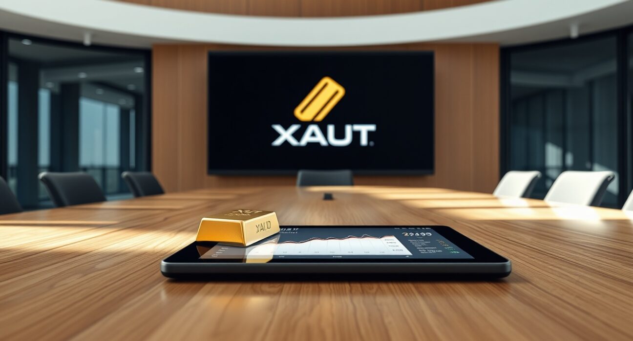 Gold bar and digital tablet in a modern boardroom with a screen displaying XAUT and financial charts