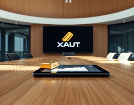 Gold bar and digital tablet in a modern boardroom with a screen displaying XAUT and financial charts