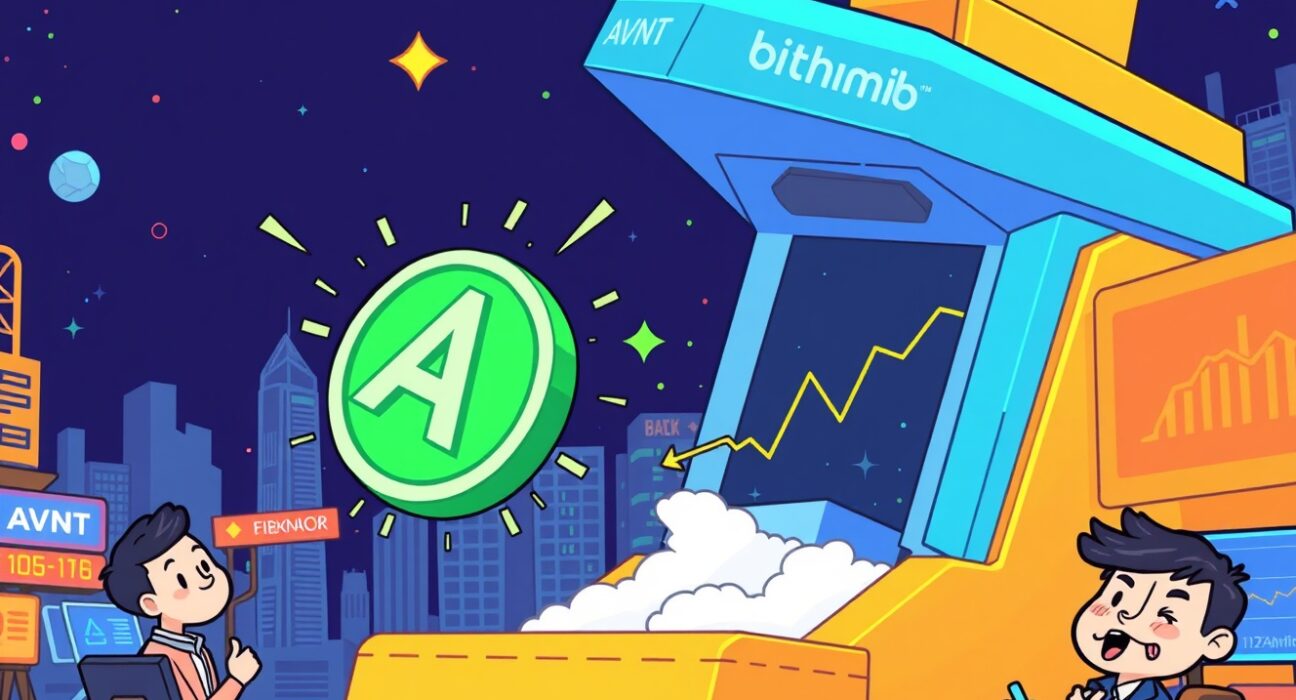 A vibrant cartoon showing Avantis (AVNT) tokens being traded on a crypto exchange, symbolizing Bithumb's major listing.