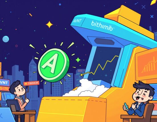 A vibrant cartoon showing Avantis (AVNT) tokens being traded on a crypto exchange, symbolizing Bithumb's major listing.