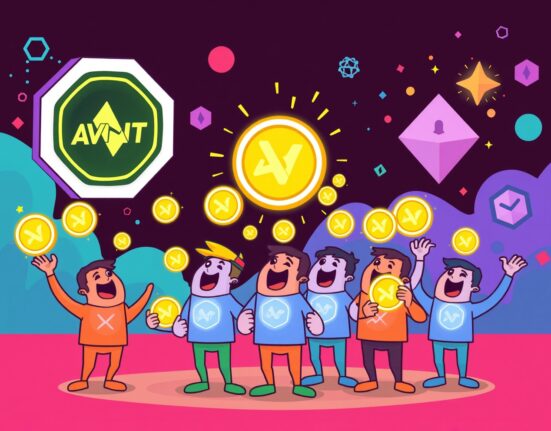 Avantis AVNT rewards being distributed to happy XP holders, symbolizing the token distribution program.