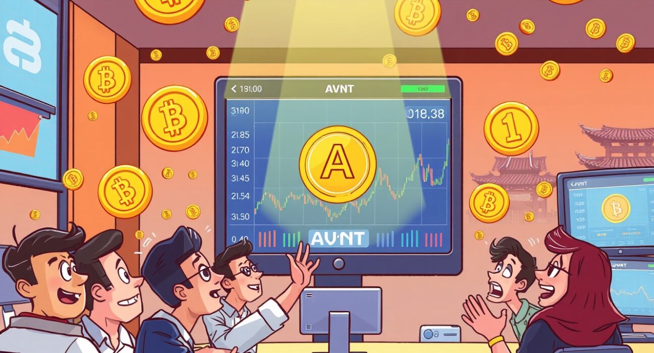 A cartoon illustration showing the exciting Avantis (AVNT) listing on a vibrant crypto exchange, highlighting new trading opportunities.
