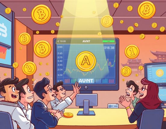 A cartoon illustration showing the exciting Avantis (AVNT) listing on a vibrant crypto exchange, highlighting new trading opportunities.