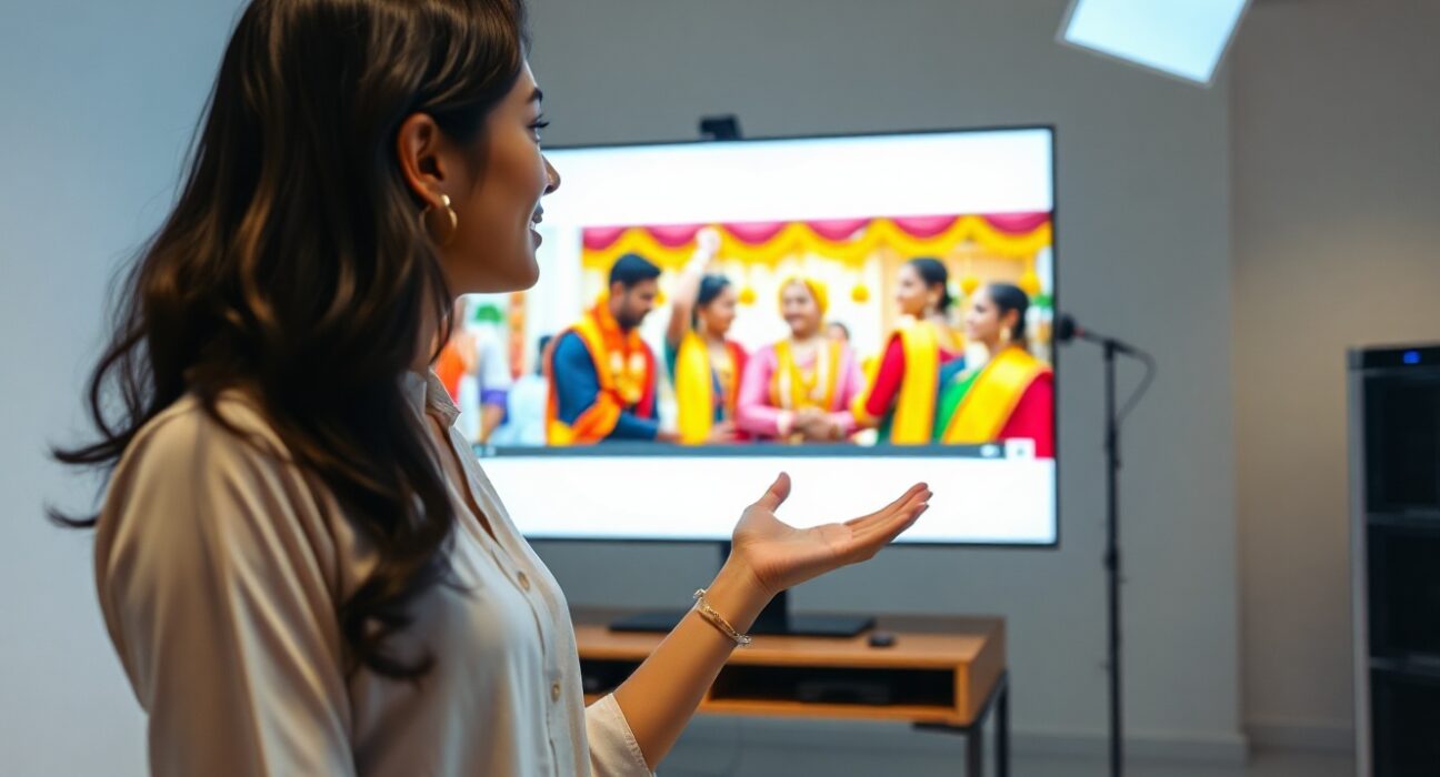 Young Indian woman presenting a culturally relevant AI-generated video on a large screen in a modern tech studio