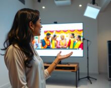 Young Indian woman presenting a culturally relevant AI-generated video on a large screen in a modern tech studio