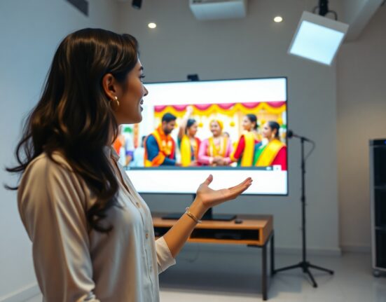 Young Indian woman presenting a culturally relevant AI-generated video on a large screen in a modern tech studio
