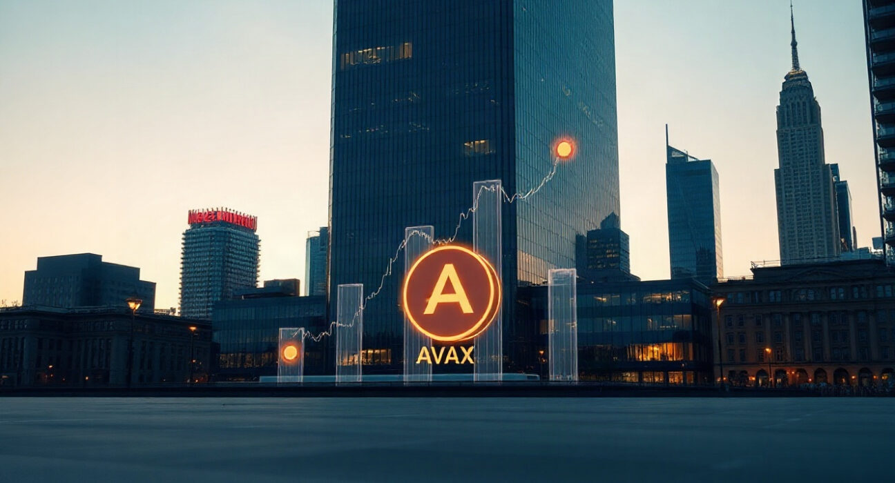Institutional AVAX ETF staking represented by a modern skyline with digital blockchain elements