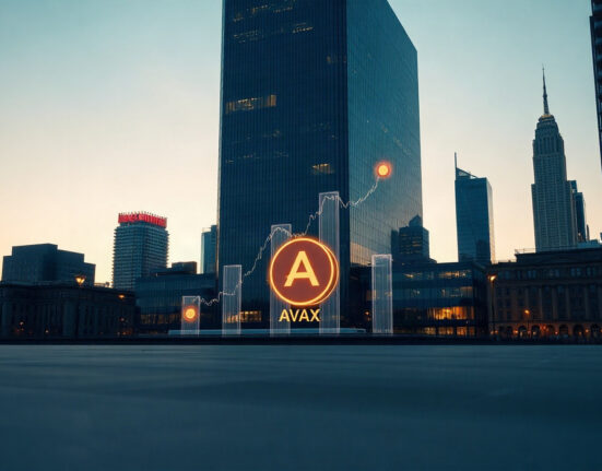Institutional AVAX ETF staking represented by a modern skyline with digital blockchain elements