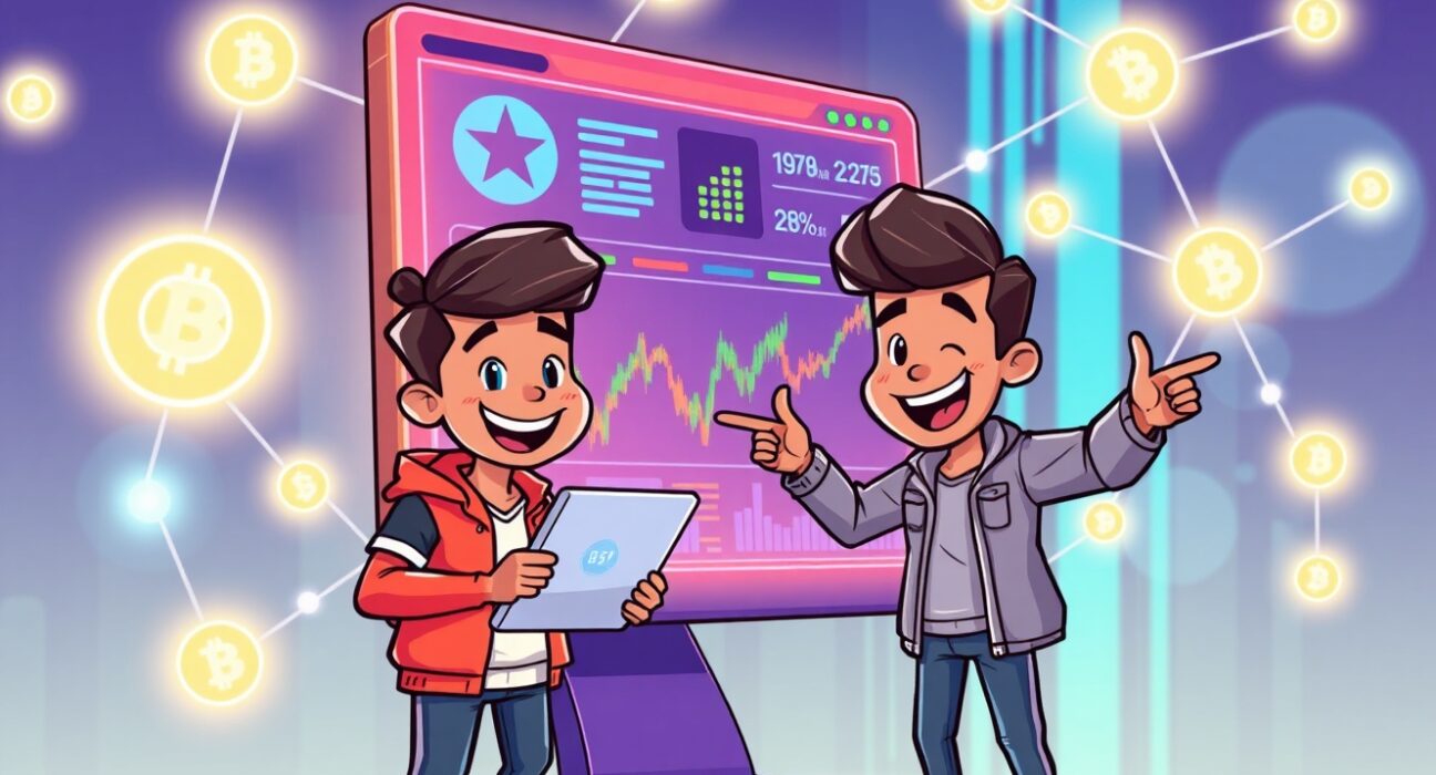 Cartoon characters seamlessly trading on-chain perpetuals through a decentralized platform, highlighting ease of access and innovation.