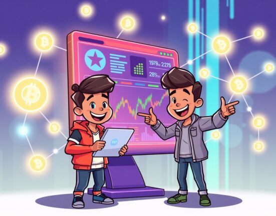 Cartoon characters seamlessly trading on-chain perpetuals through a decentralized platform, highlighting ease of access and innovation.
