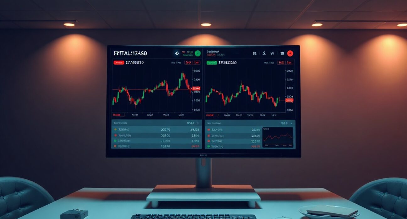 UMX trading platform interface showing crypto and U.S. stock charts on a monitor
