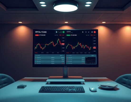UMX trading platform interface showing crypto and U.S. stock charts on a monitor