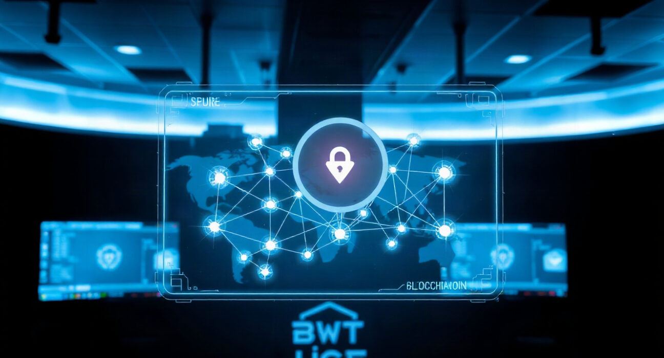 Cybersecurity analyst examining a blockchain network diagram for vulnerabilities