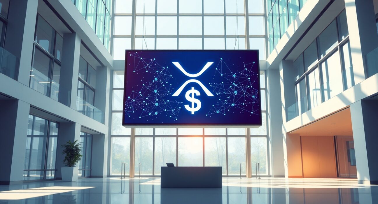 Digital display in a modern office lobby showing XRP Ledger and US dollar tokenization visualization