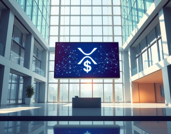 Digital display in a modern office lobby showing XRP Ledger and US dollar tokenization visualization