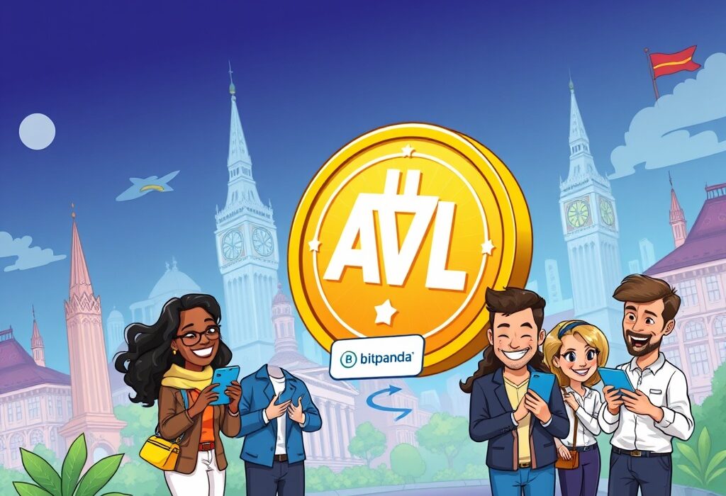 A cartoon illustration showing the exciting expansion of Avalon Labs' (AVL) Bitcoin services into Europe via the Bitpanda listing, with diverse users engaging with crypto.