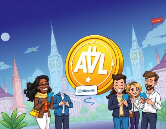 A cartoon illustration showing the exciting expansion of Avalon Labs' (AVL) Bitcoin services into Europe via the Bitpanda listing, with diverse users engaging with crypto.