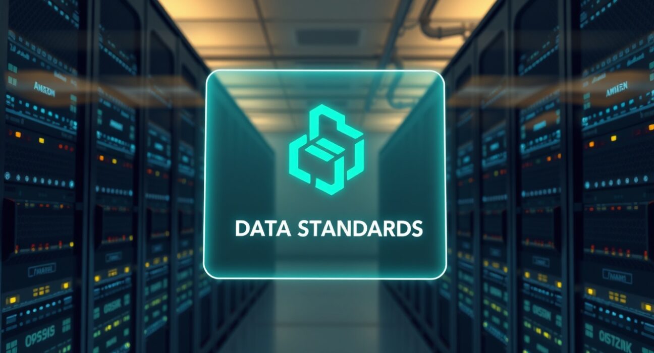 AWS adopts Chainlink data standards for its marketplace, featuring a holographic Chainlink logo in a data center