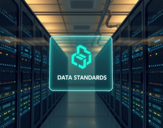 AWS adopts Chainlink data standards for its marketplace, featuring a holographic Chainlink logo in a data center