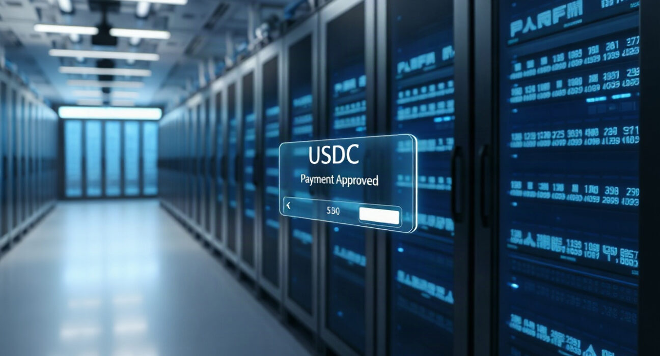 AWS data center with holographic USDC payment interface for AI agents